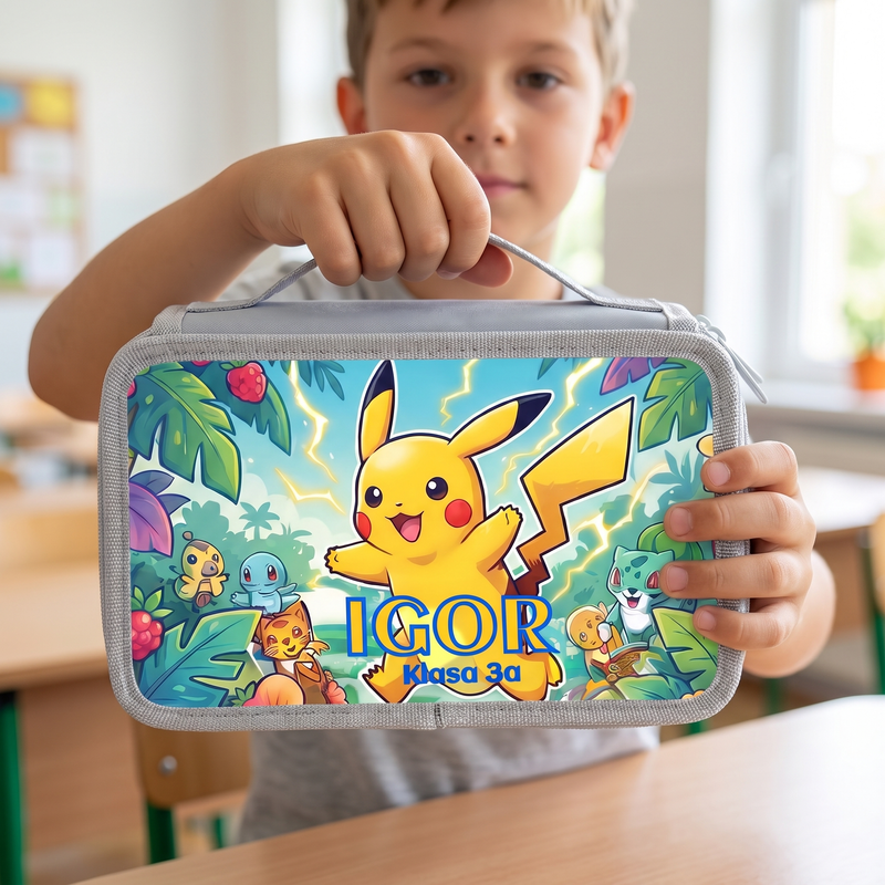 Personalizowany piórnik czterokomorowy z Pikachu, Pokémonami i imieniem