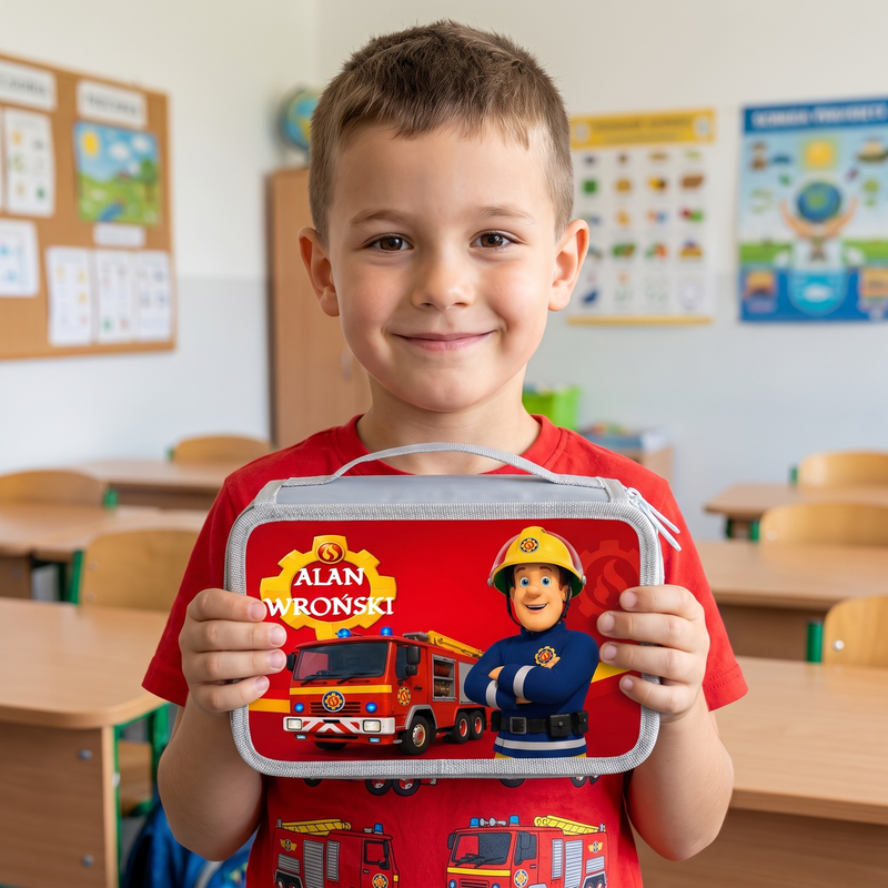 Personalizowany piórnik czterokomorowy ze Strażakiem Samem, wozem strażackim i imieniem