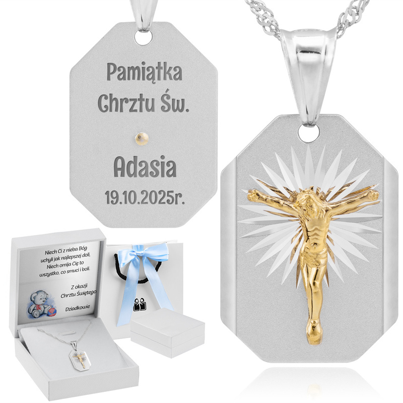 Srebrny diamentowany medalik pr.925 Jezus na krzyżu pozłacany Grawer 