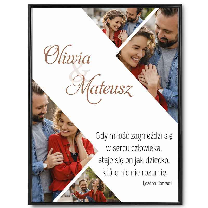 Personalizowany plakat z kolażem zdjęć w czarnej ramce pod szkłem