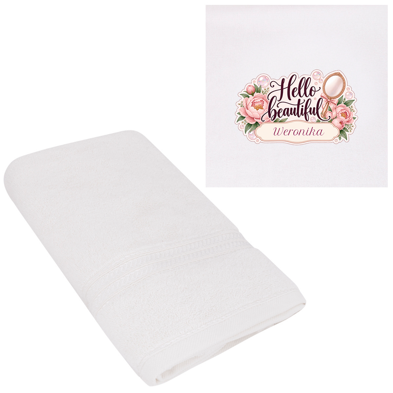 Zestaw prezentowy dla kobiety – personalizowany ręcznik 70 × 140 cm i kubek z nadrukiem 330 ml