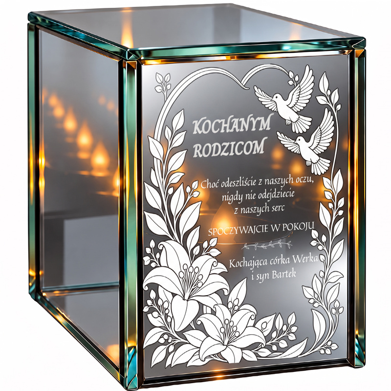 Personalizowany lampion lustrzany 3D LED dla Rodziców z grawerem – lilie, gołębie i dedykacja
