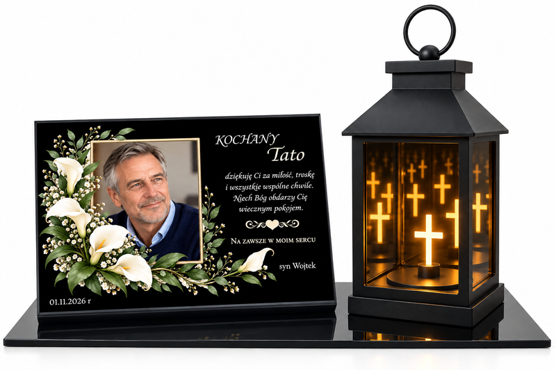 Personalizowany lampion nagrobny ze zdjęciem dla Taty – tabliczka z nadrukiem UV i dedykacją