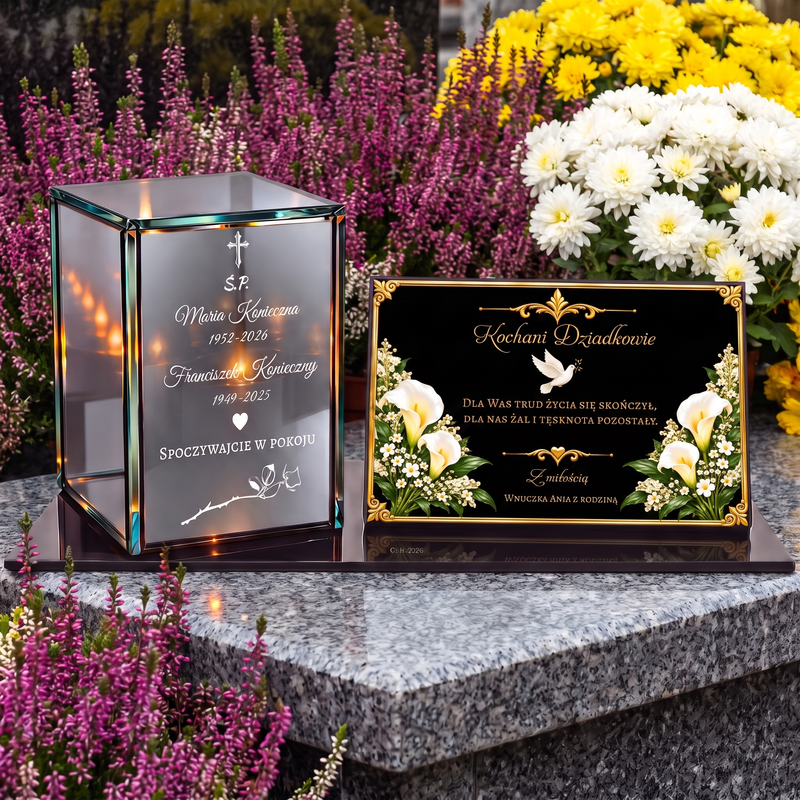 Personalizowany zestaw nagrobny dla Dziadków – lampion lustrzany 3D LED z grawerem i tabliczką z dedykacją