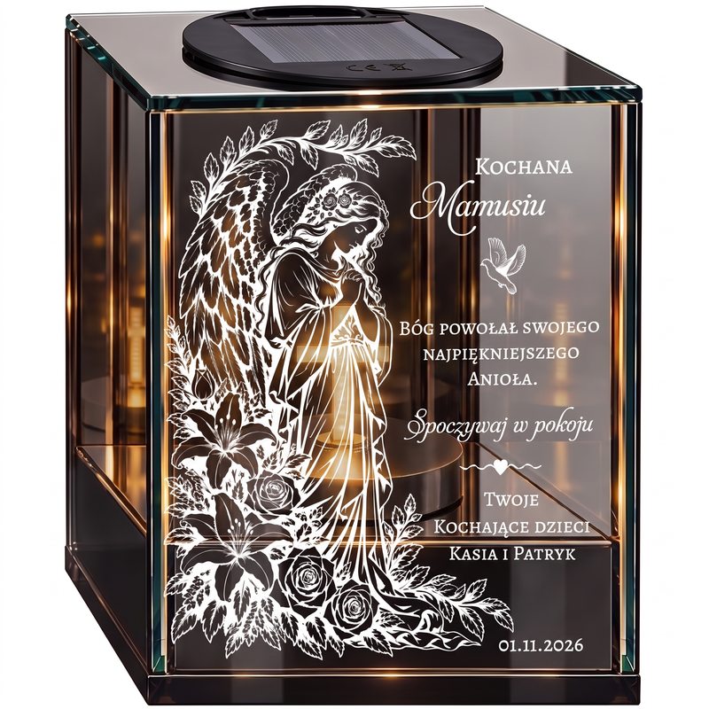 Personalizowany lampion solarny dla Mamy z grawerem – anioł, dedykacja i światło pamięci