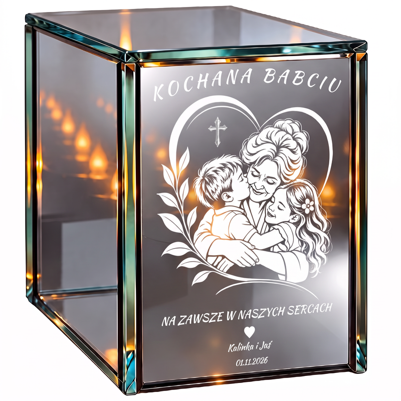 Personalizowany lampion lustrzany 3D LED dla Babci z grawerem – Babcia z wnukami „Na zawsze w naszych sercach”