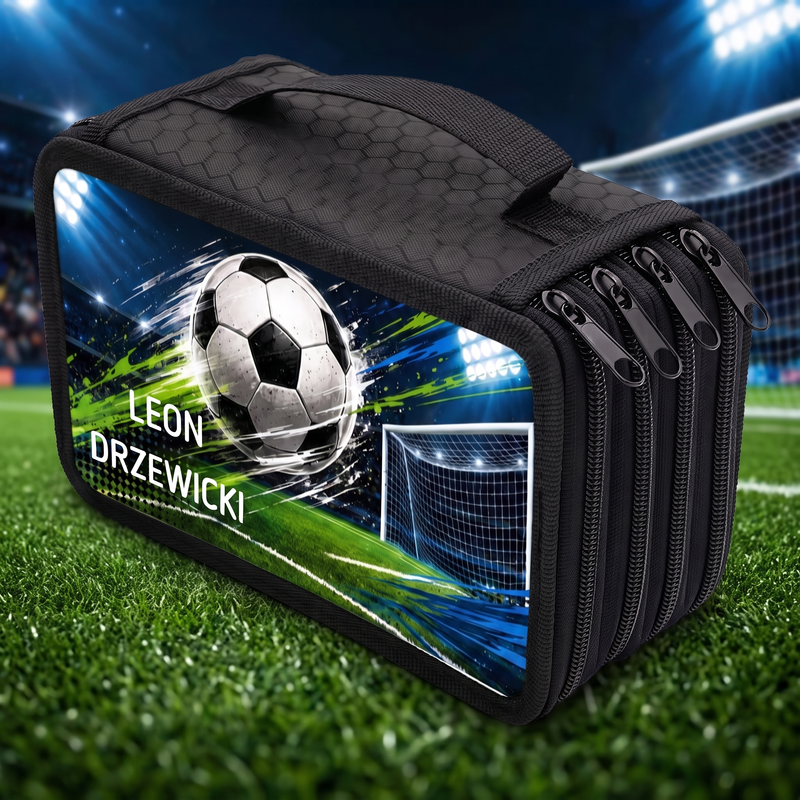 Personalizowany piórnik piłkarski z piłką i własnym imieniem – piórnik dla fana futbolu