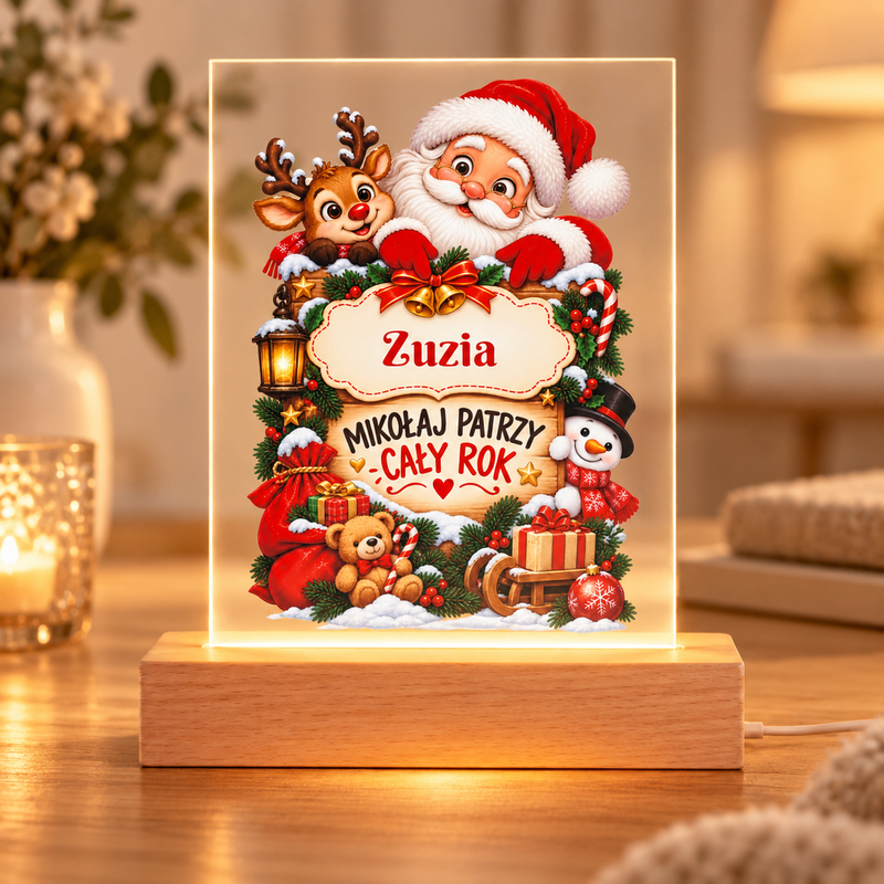 Personalizowana lampka LED z imieniem „Mikołaj patrzy cały rok” – wyjątkowa świąteczna dekoracja dla dziecka