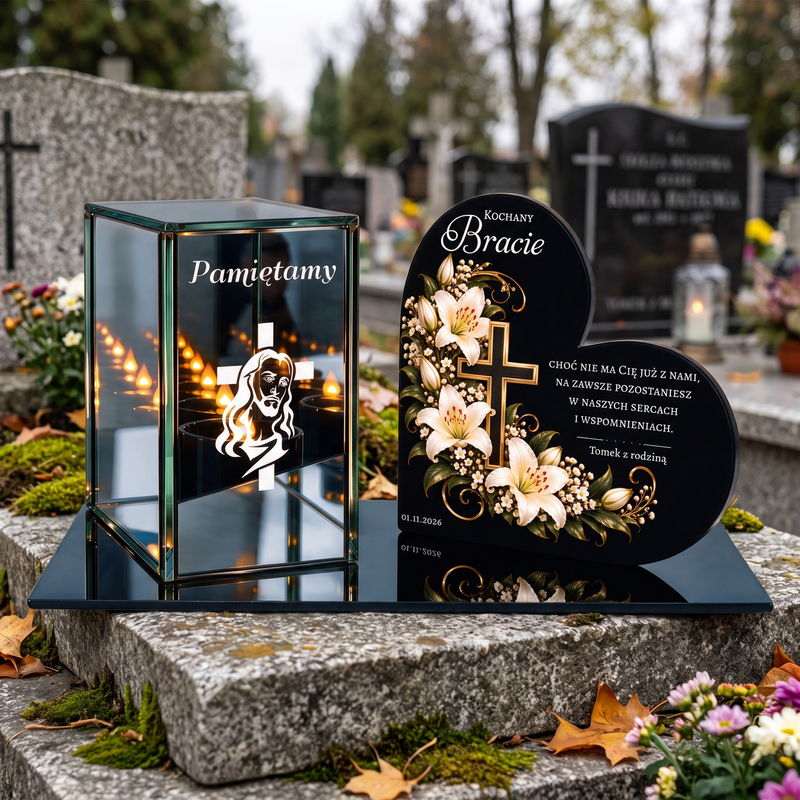 Zestaw nagrobny z personalizowaną tabliczką i świeczką LED