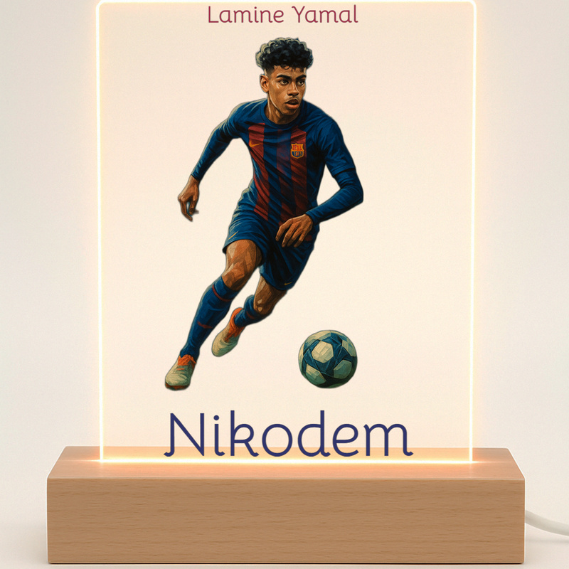 Lampka LED Lamine Yamal z imieniem dziecka – plexi i bukowa podstawa