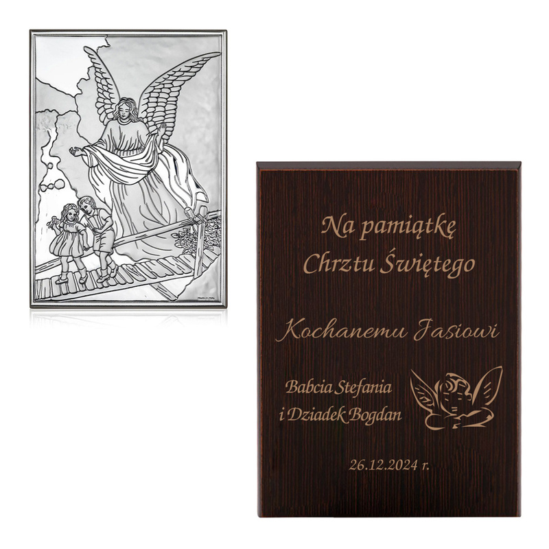 Personalizowany obrazek Anioł Stróż 13 × 18 cm z grawerem – pamiątka Chrztu, Komunii, roczku