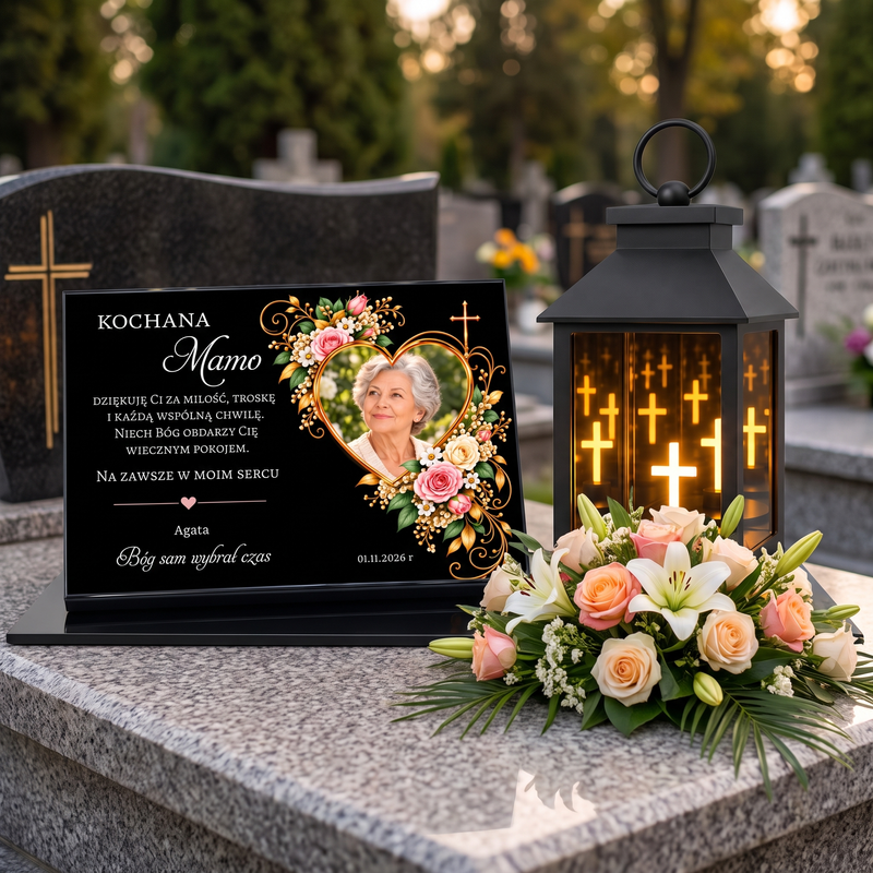 Personalizowany lampion nagrobny ze zdjęciem dla Mamy – tabliczka z nadrukiem UV i dedykacją