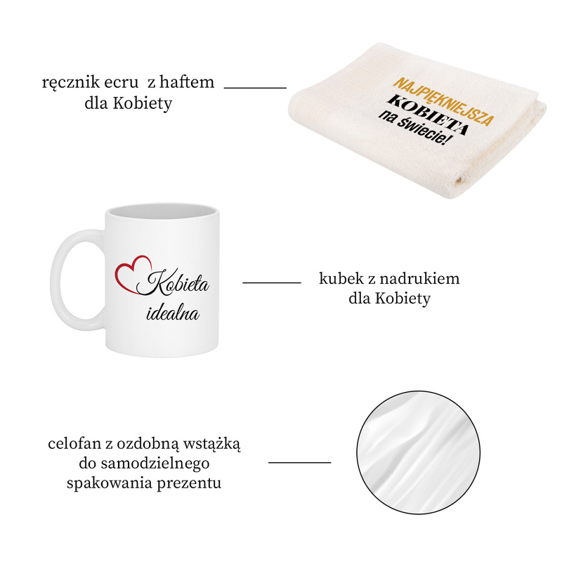 Zestaw na Walentynki / Kubek + Ręcznik kąpielowy 140x70 / Bez modyfikacji / Prezent dla Niej / Nadruk Haft