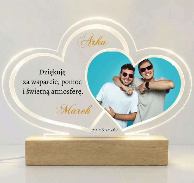 Personalizowana Ramka LED Podwójne Serce Podziękowanie dla rodziców świadków ze zdjęciem 