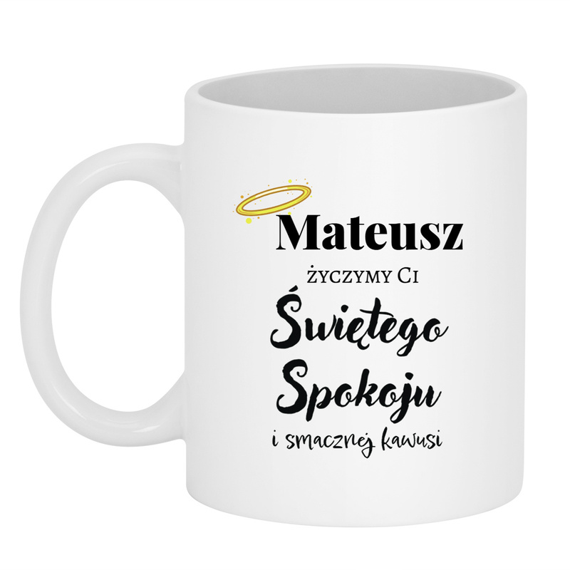Kubek pod choinkę biały błyszczący z imieniem i nadrukiem