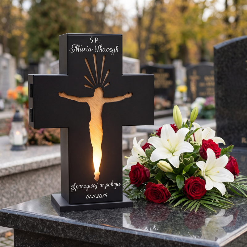 Personalizowany metalowy znicz 3D LED w kształcie krzyża – z grawerem laserowym