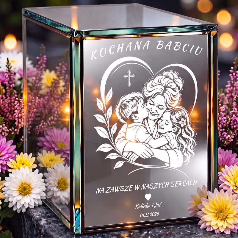 Personalizowany lampion lustrzany 3D LED dla Babci z grawerem – Babcia z wnukami „Na zawsze w naszych sercach”