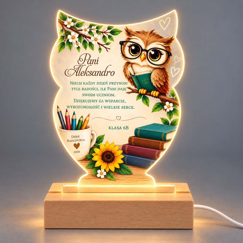 Personalizowana ramka LED Sowa dla wychowawczyni – prezent od klasy z podziękowaniem