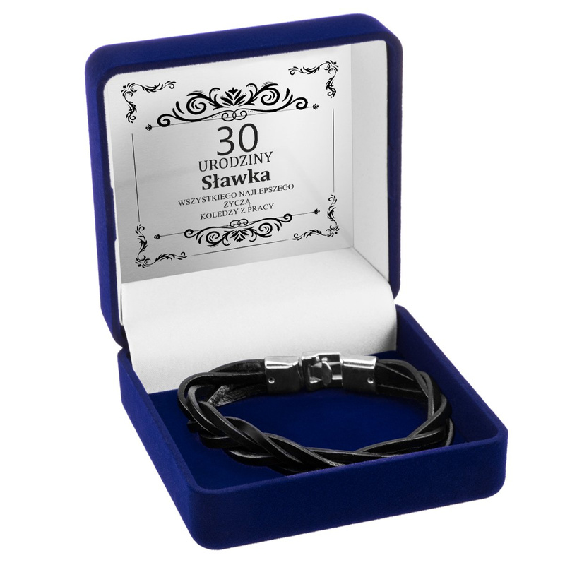 Bransoletka stal 316L z rzemykami w warkocz, dedykacja w pudełku