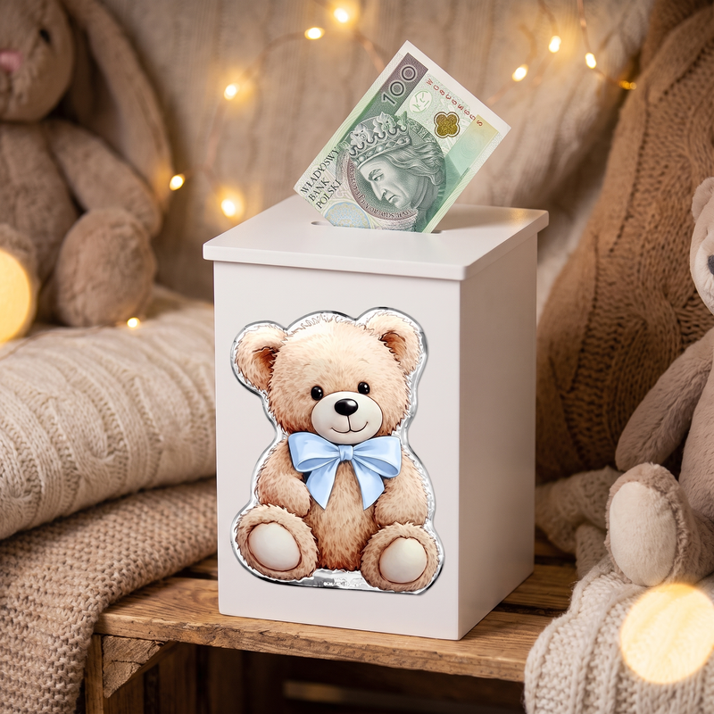 Personalizowana skarbonka z misiem Valenti na Chrzest Święty dla chłopca – prezent od Ojca Chrzestnego