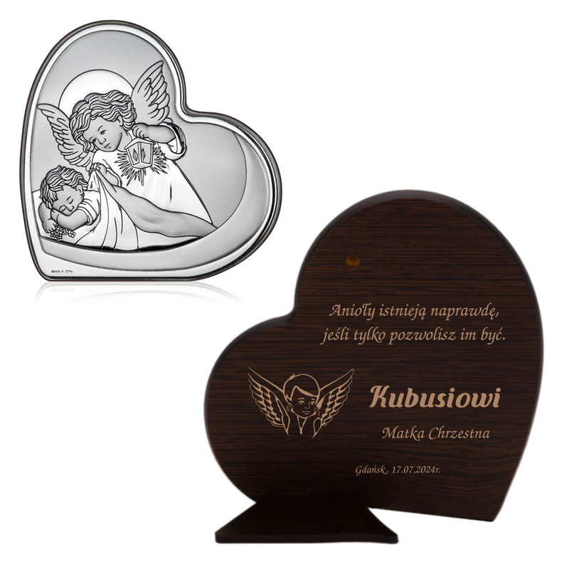 Obrazek srebrny Serce z Aniołem – personalizowany grawer 8 × 8 cm