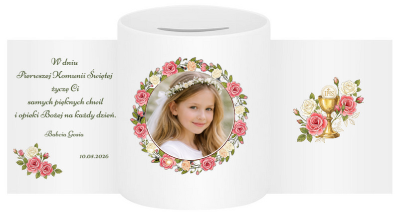 Ceramiczna skarbonka komunijna ze zdjęciem dla dziewczynki – personalizowana pamiątka Pierwszej Komunii Świętej