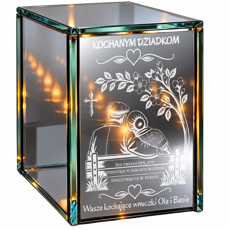 Personalizowany zestaw nagrobny dla Dziadków – lampion lustrzany 3D LED z grawerem i tabliczką ze zdjęciem