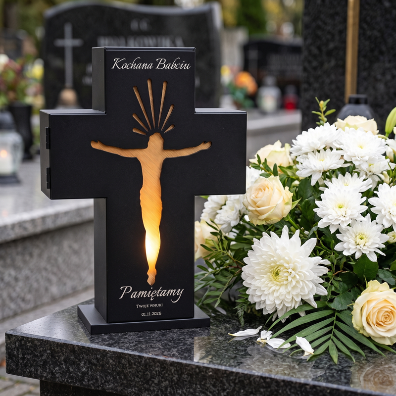 Personalizowany metalowy znicz 3D LED dla Babci – krzyż z grawerem laserowym