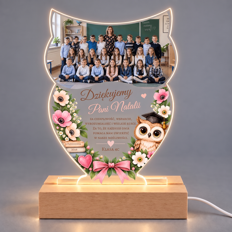 Personalizowana ramka LED Sowa ze zdjęciem klasy – prezent na Dzień Nauczyciela
