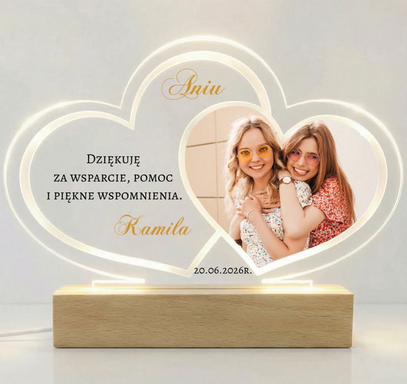 Personalizowana Ramka LED Podwójne Serce Podziękowanie dla rodziców świadków ze zdjęciem 