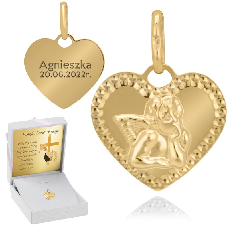Medalik serduszko z postacią aniołka złoto pr. 585 pudełko z różową kokardką/ Dedykacja 